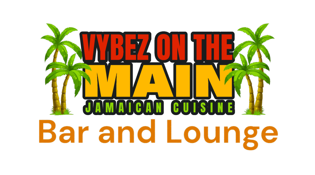 white logo with palm trees that says Vybez on the Main Authentic Jamaican Cuisine