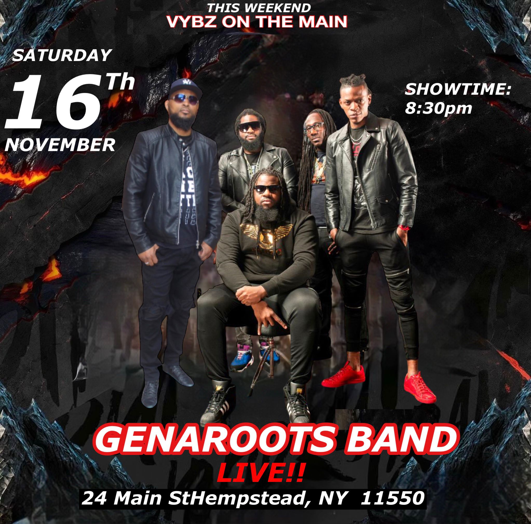 Genna Roots Band members wear all black, sunglasses, leather jackets and locs.