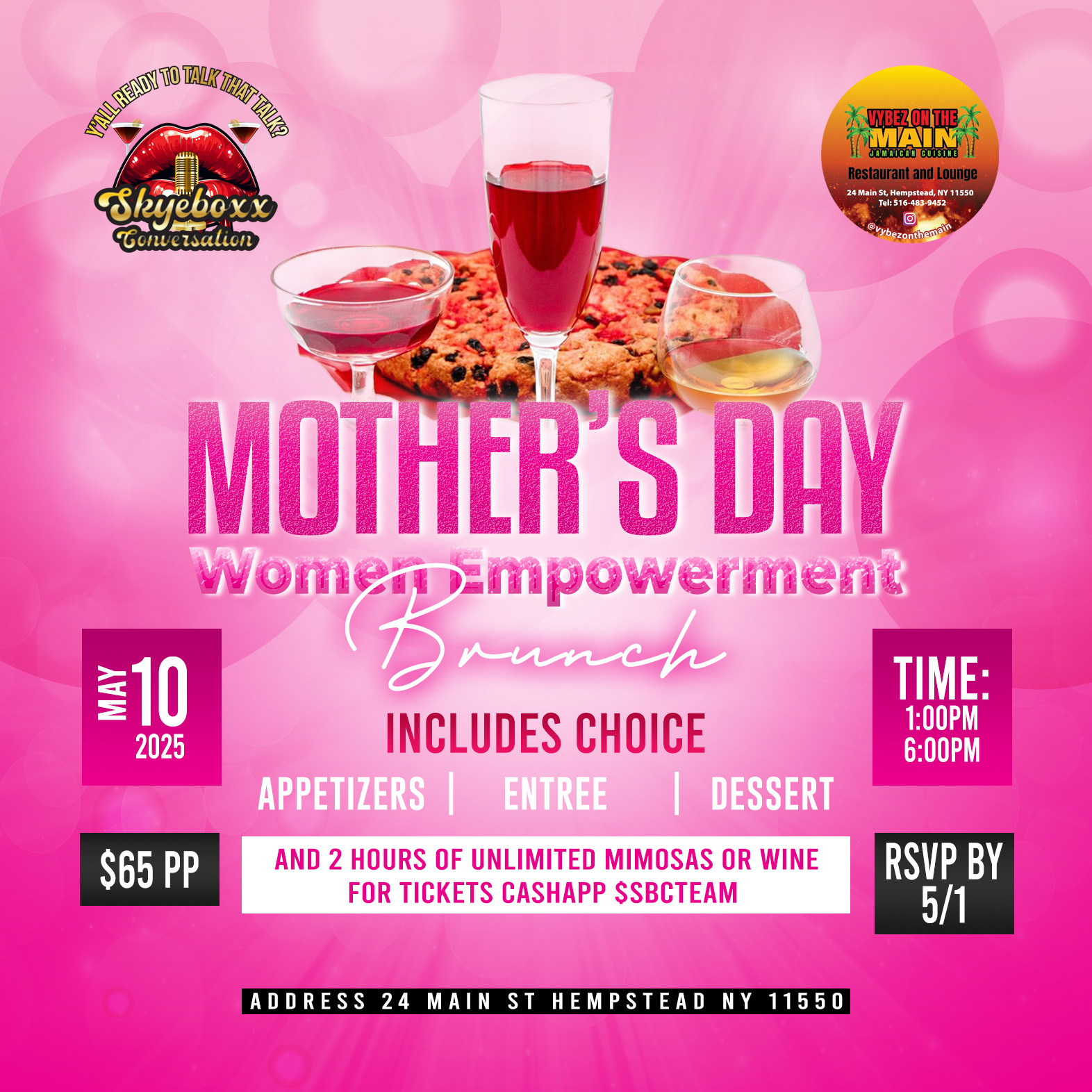 Pink background with 3 cocktail glasses and the words 'Mother's Day Women's Empowerment Brunch.'