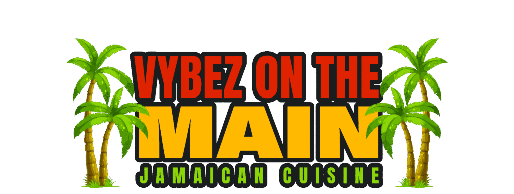 white logo with palm trees that says Vybez on the Main Authentic Jamaican Cuisine